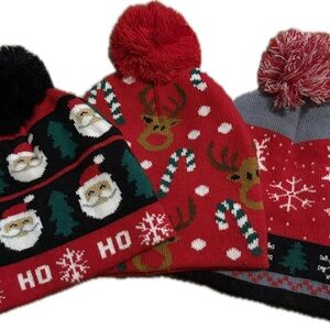 Festive Kids' Winter Beanie Set - Red, Black, Gray